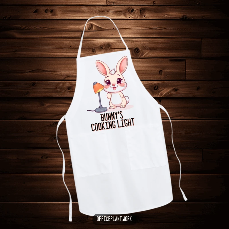 Funny bunny apron, a happy creature nudging a desk lamp, designed for kitchen protection with a humorous touch.