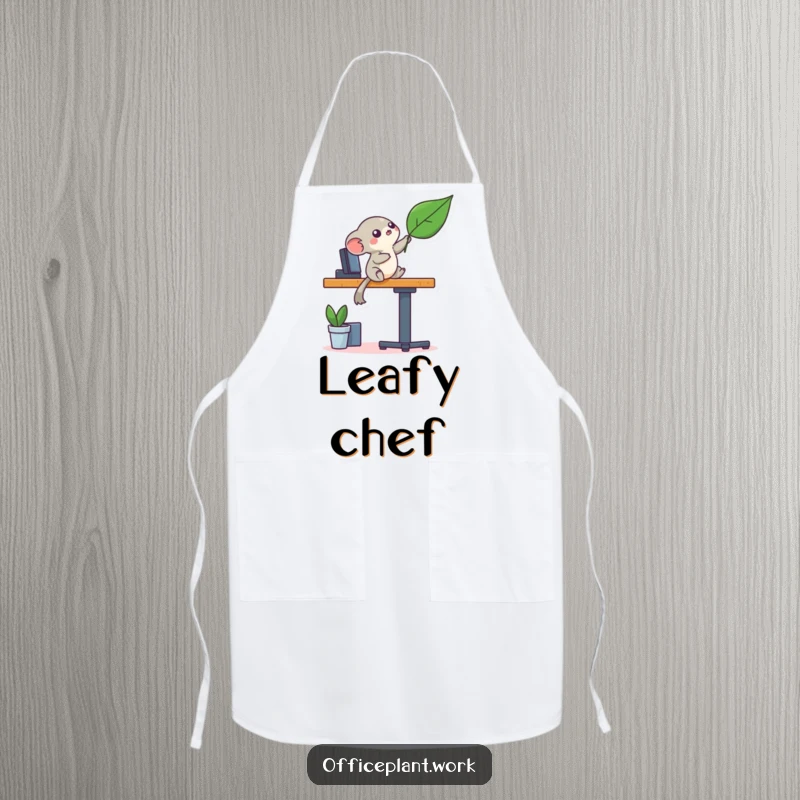 Funny playful creature apron, balancing on a desk leg reaching for a leaf, perfect for humorous kitchen activities.