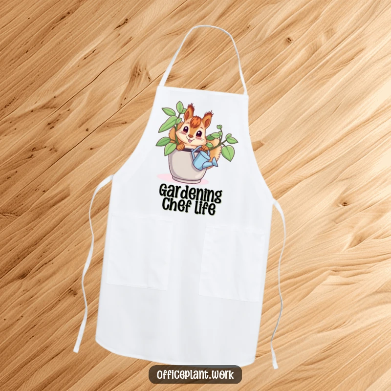 Funny squirrel apron, showing a curious critter watering an office plant, perfect for keeping clothes clean with humor.