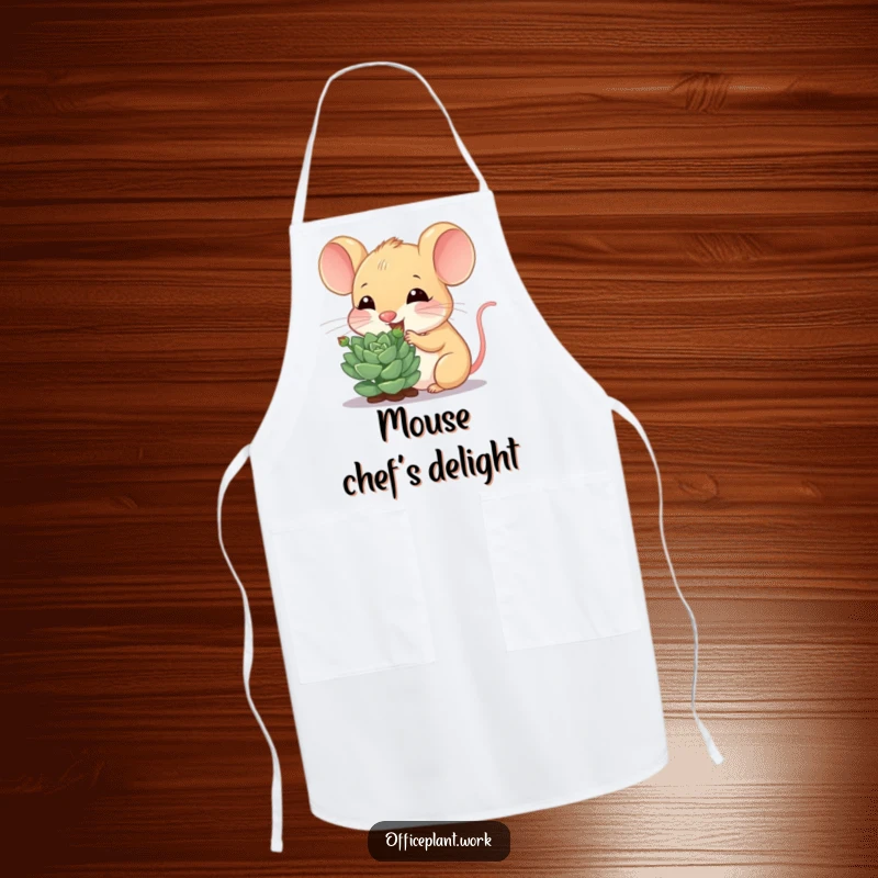 Funny mouse apron, a cheerful critter nibbling a succulent sprout, designed for kitchen or garden protection with charm.