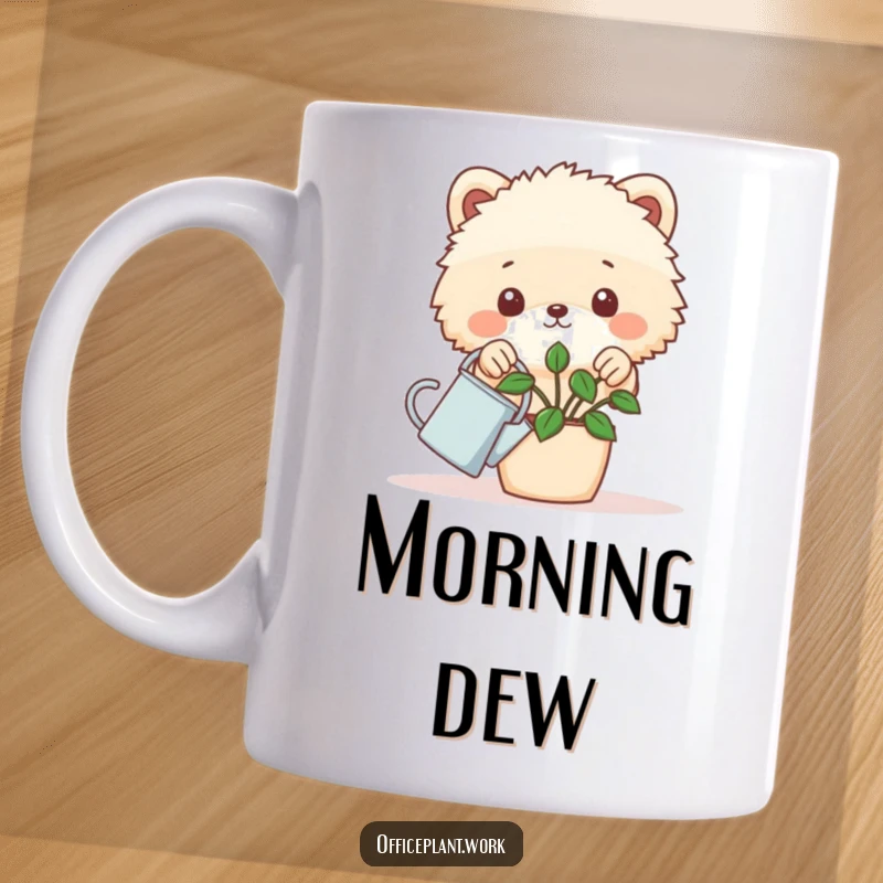 Funny fluffy animal peeking over a desk plant with a tiny watering can on a mug, a humorous gardener's gift.