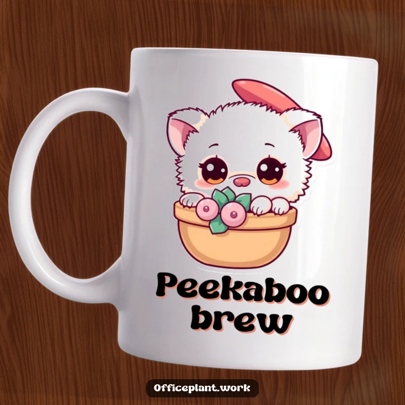 Funny small fuzzy creature with large eyes peeking from behind a potted succulent on a mug, a humorous gift for plant lovers.