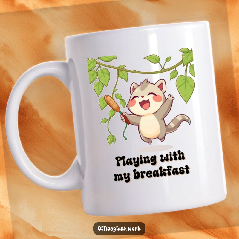 Funny mug showcasing a happy, joyous creature playfully swatting at a dangling plant vine, full of lively, whimsical energy.