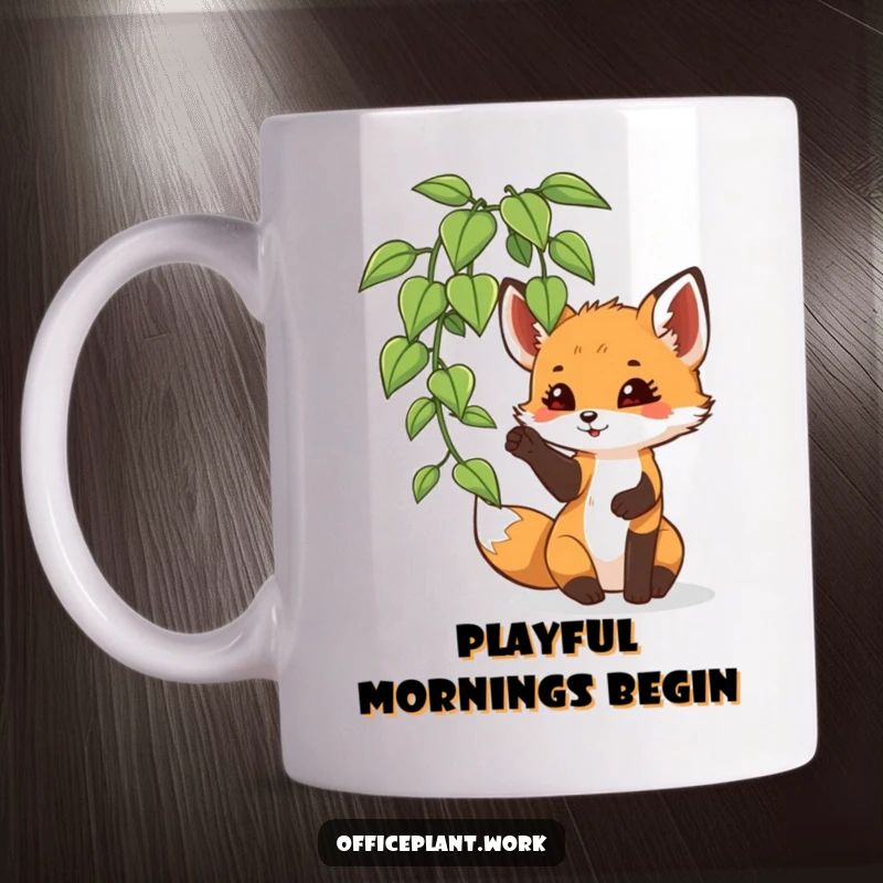 Funny fox cub mug batting at an office plant leaf with a paw, perfect for office humor and gift-giving.