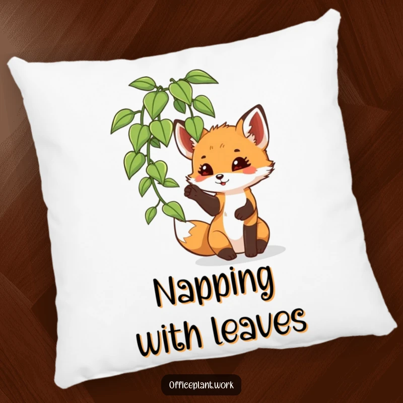 Funny fox cub pillow, a playful creature batting at an office plant leaf, offering comfort and woodland humor.