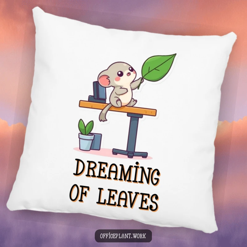 Funny playful creature pillow balancing on a desk leg reaching for a leaf, offering humorous comfort and charm.