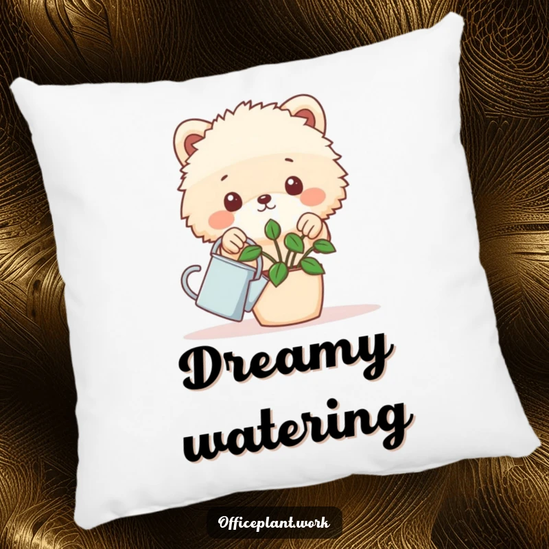 Funny fluffy animal pillow peeking over a desk plant holding a tiny watering can, offering humorous comfort for plant lovers.