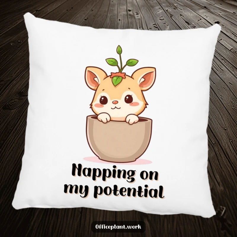 Funny pillow featuring a cute, curious animal peeking from a potted plant, a small sprout on its head, adding cozy humor to any room.