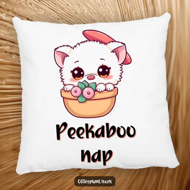 Funny and cute fuzzy creature pillow peeking from behind a succulent, offering humorous comfort for plant lovers.