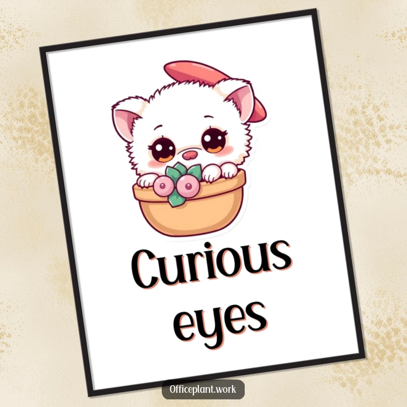 Funny fuzzy creature digital art print peeking from behind a succulent, perfect for humorous plant-themed wall decor.