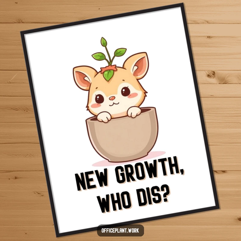 Funny digital art print of a cute, curious animal peeking from a plant pot, a sprout growing above its head, bringing instant humor and charm.