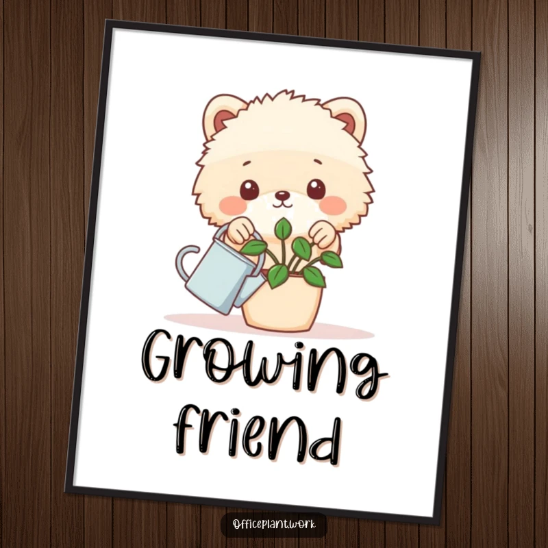 Funny fluffy animal digital art print peeking over a desk plant with a tiny watering can, perfect for humorous decor.
