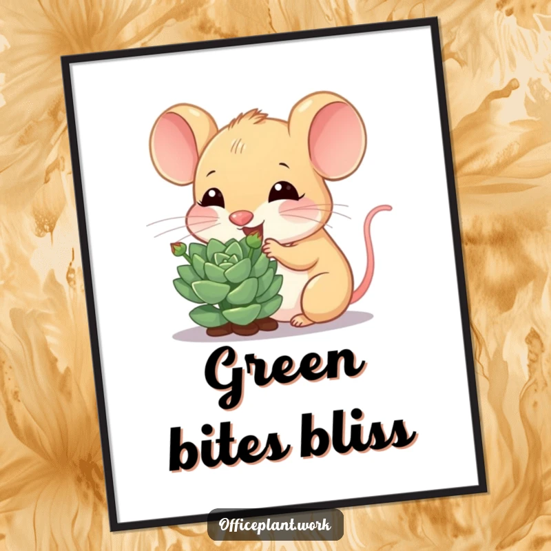 Funny digital art print of a cheerful mouse nibbling a succulent sprout, perfect for instant download and botanical decor.