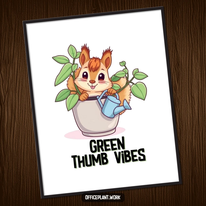 Funny digital art print of a curious squirrel watering an office plant, perfect for instant download and humorous decor.