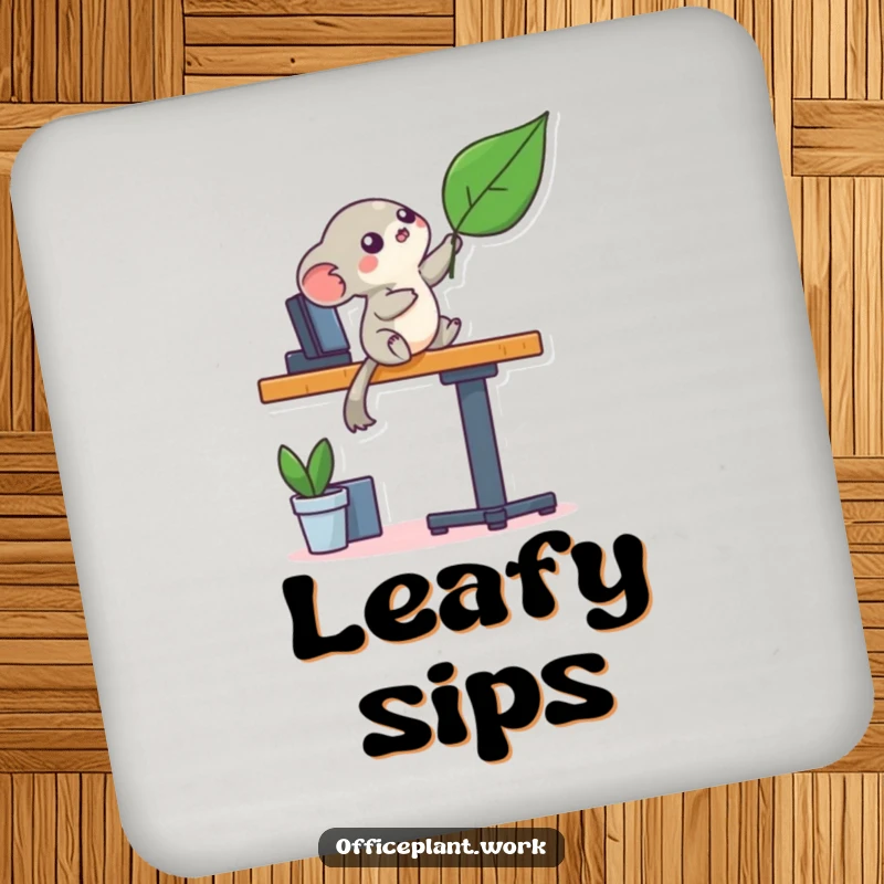 Funny playful creature coaster balancing on a desk leg reaching for a leaf, adding humorous protection to surfaces.