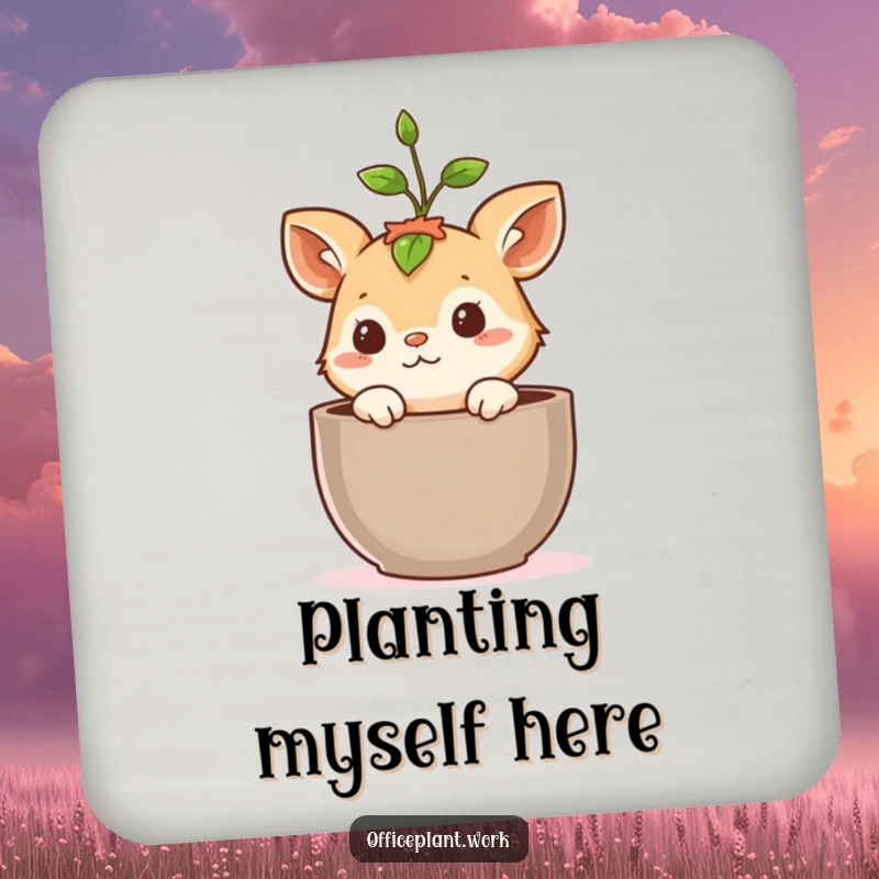 Funny drink coaster with a cute, curious animal peeking from a plant pot, a sprout growing above its head, protecting surfaces with charm.