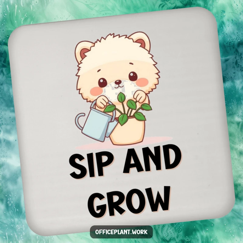 Funny fluffy animal coaster peeking over a desk plant holding a tiny watering can, adding humorous protection for plant lovers.