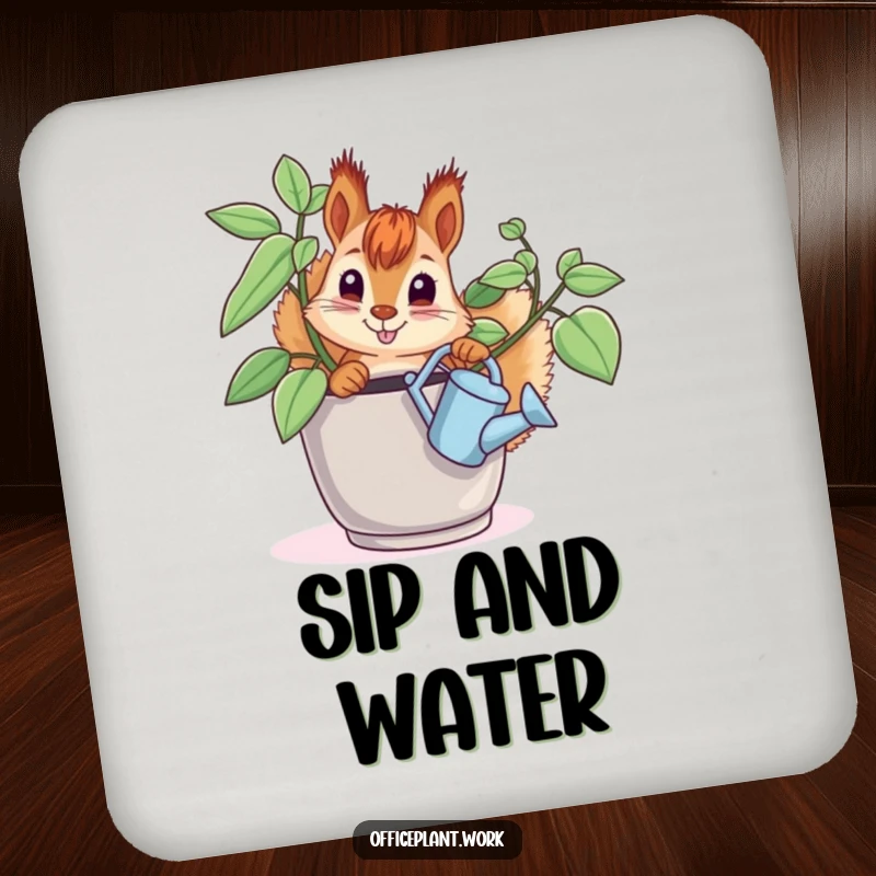Funny squirrel drink coasters, depicting a curious critter watering an office plant, safeguarding tables with humor.