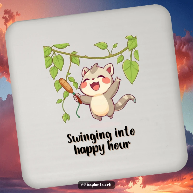 Funny drink coaster with a joyous creature playfully swatting at a dangling vine from a plant, adding charm and protection.