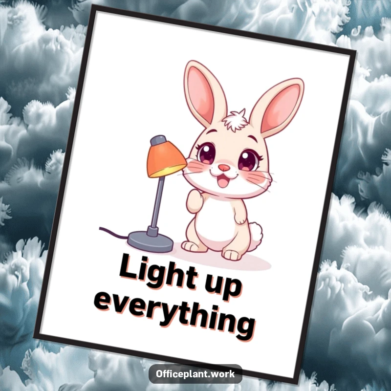 Funny bunny poster, a bright-eyed creature nudging a desk lamp, adding playful charm and humor to wall decor.
