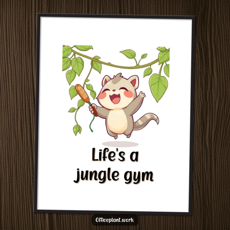 Funny poster print of a joyous creature playfully swatting at a dangling vine from a plant, capturing a moment of pure, delightful fun.