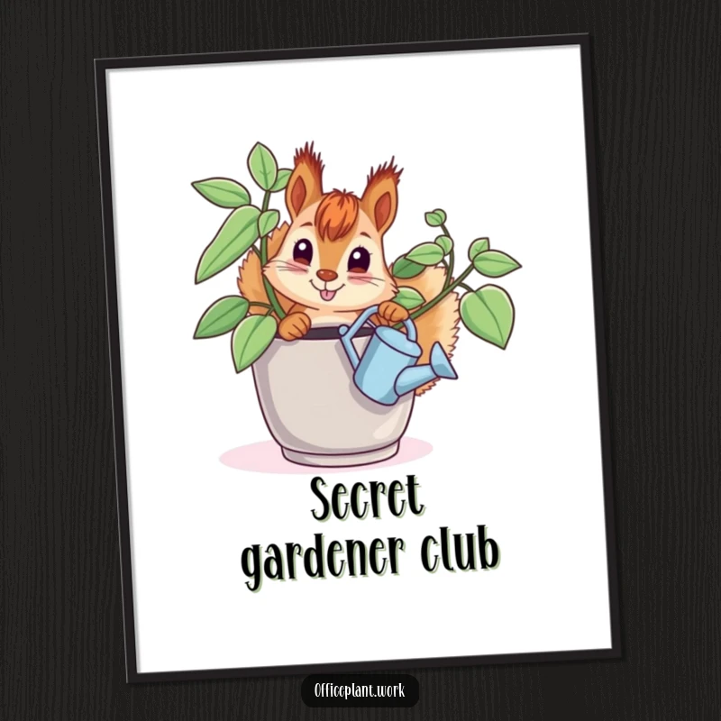Funny squirrel poster, a curious critter watering an office plant, adding whimsical charm and humor to wall decor.
