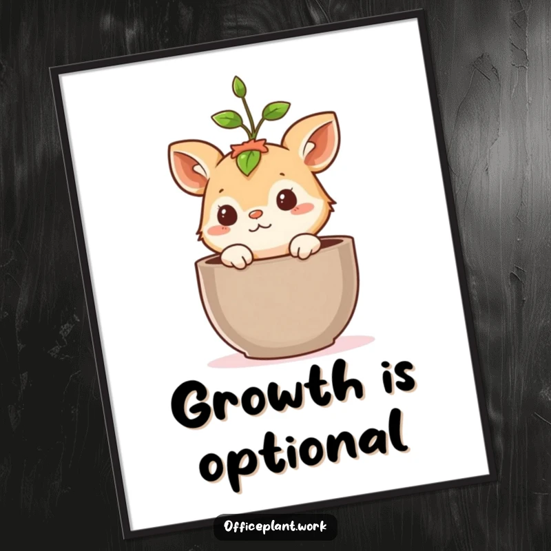 Funny poster print of a cute, curious animal peeking out of a plant pot, a small sprout growing above its head, bringing joyful plant-themed art.
