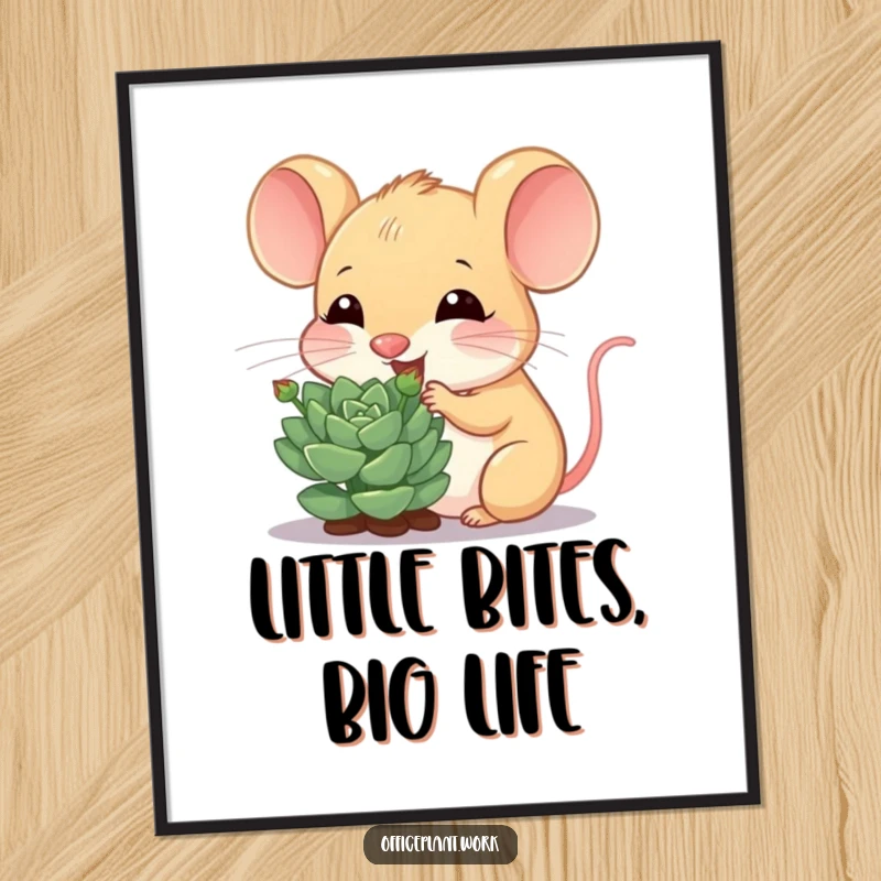 Funny mouse poster, a cheerful critter nibbling a succulent sprout, adding natural charm and gentle humor to decor.