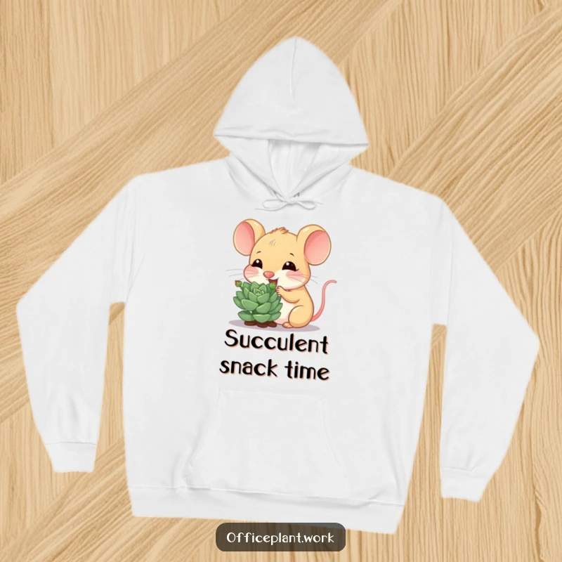 Funny mouse hoodie, a cheerful critter nibbling a succulent sprout, offering warmth and botanical humor.