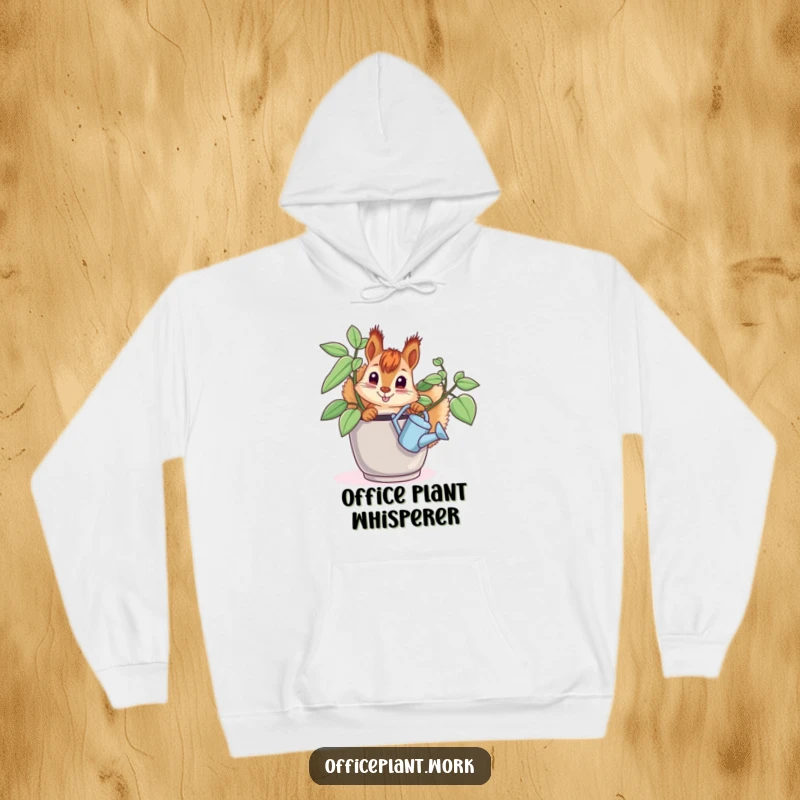 Funny squirrel hoodie, a curious critter watering an office plant, offering warmth and humor for gift-giving.