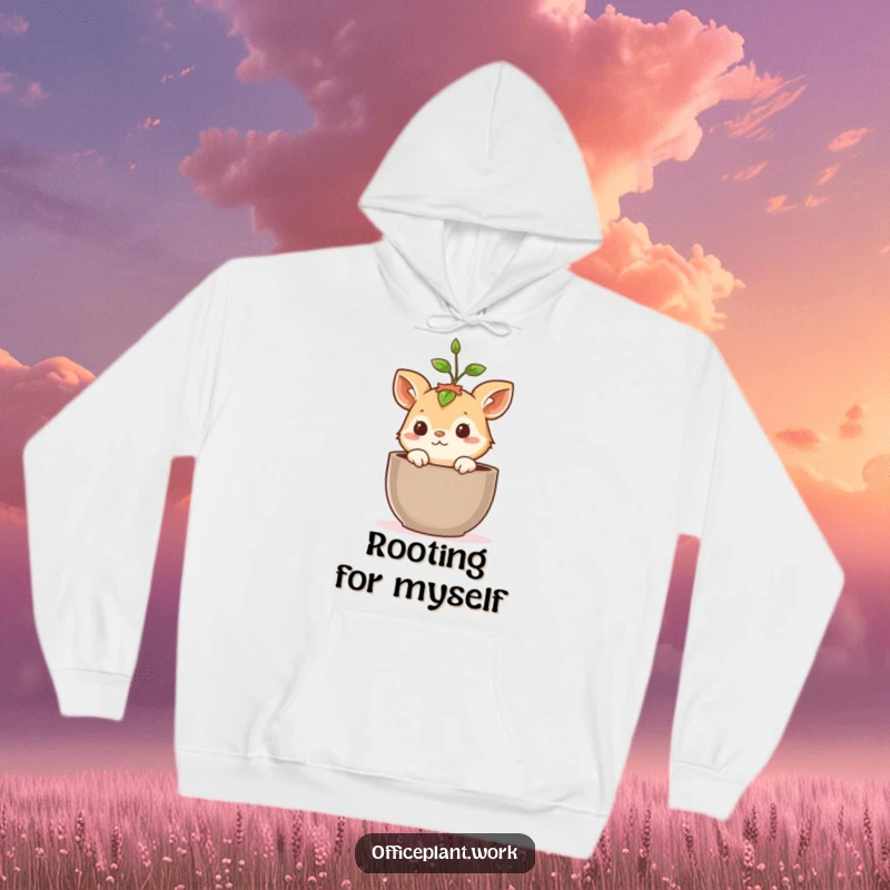 Funny hoodie with a cute, curious animal peeking out of a plant pot, a sprout growing playfully above its head, designed for comfort and laughs.