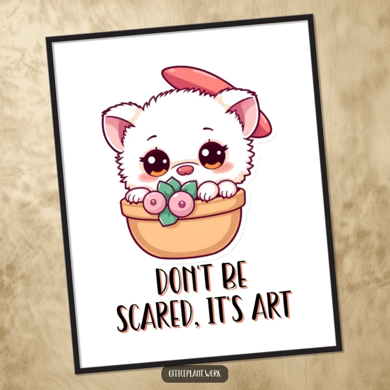 Funny Free Printable Fuzzy Creature Wall Art, a cute fuzzy creature with large eyes peeking from a succulent, unique home decor download.