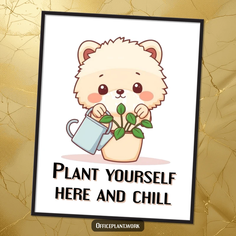 Funny Free Printable Fluffy Animal Wall Art, a cute fluffy animal peeking over a plant with a watering can, charming home decor download.
