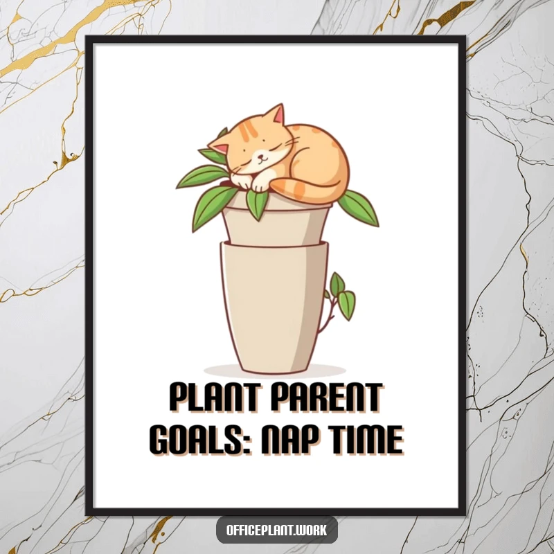 Funny Free Printable Wall Art: Contented cat napping on a tall office plant, exuding cozy vibes and gentle humor.