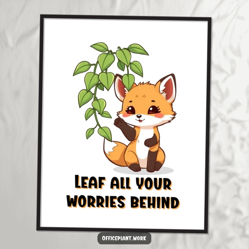 Funny Free Printable Wall Art: A playful fox cub batting at a dangling office plant leaf with its paw, adding a touch of wild humor.