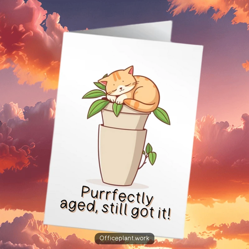 Funny Free Printable Birthday Card: Contented cat napping atop an office plant, expressing cozy birthday wishes with humor.