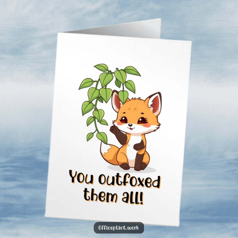 Funny Free Printable Congratulations Card: A playful fox cub batting a plant leaf, celebrating your amazing pounce onto success.