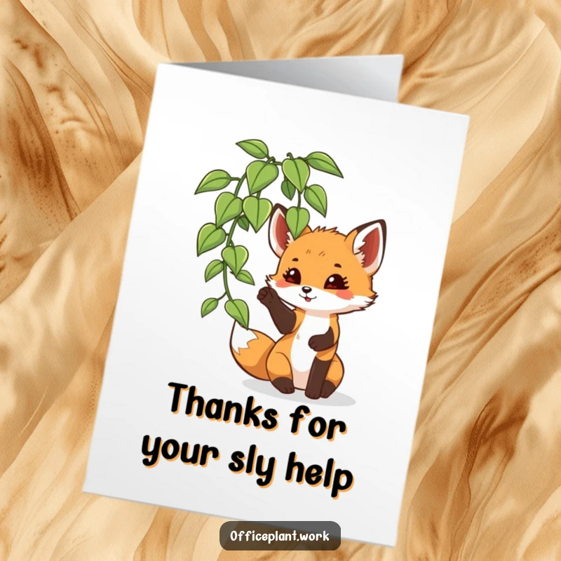 Funny Free Printable Thank You Card: A playful fox cub batting at an office plant leaf, sending thanks with a playful swipe.