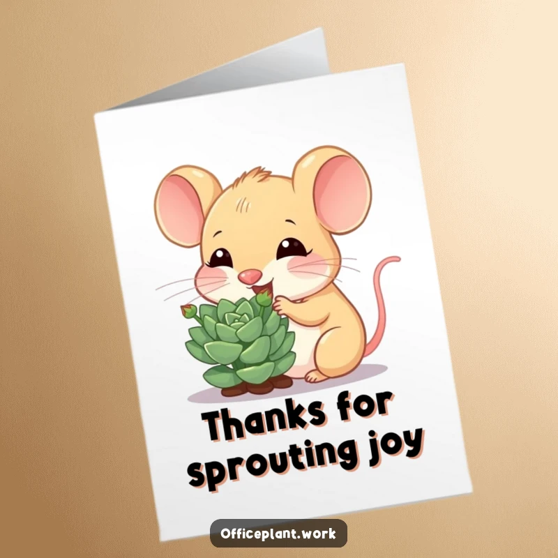Funny Free Printable Thank You Card: A cheerful mouse nibbling a succulent sprout, sending thanks for your kindness.