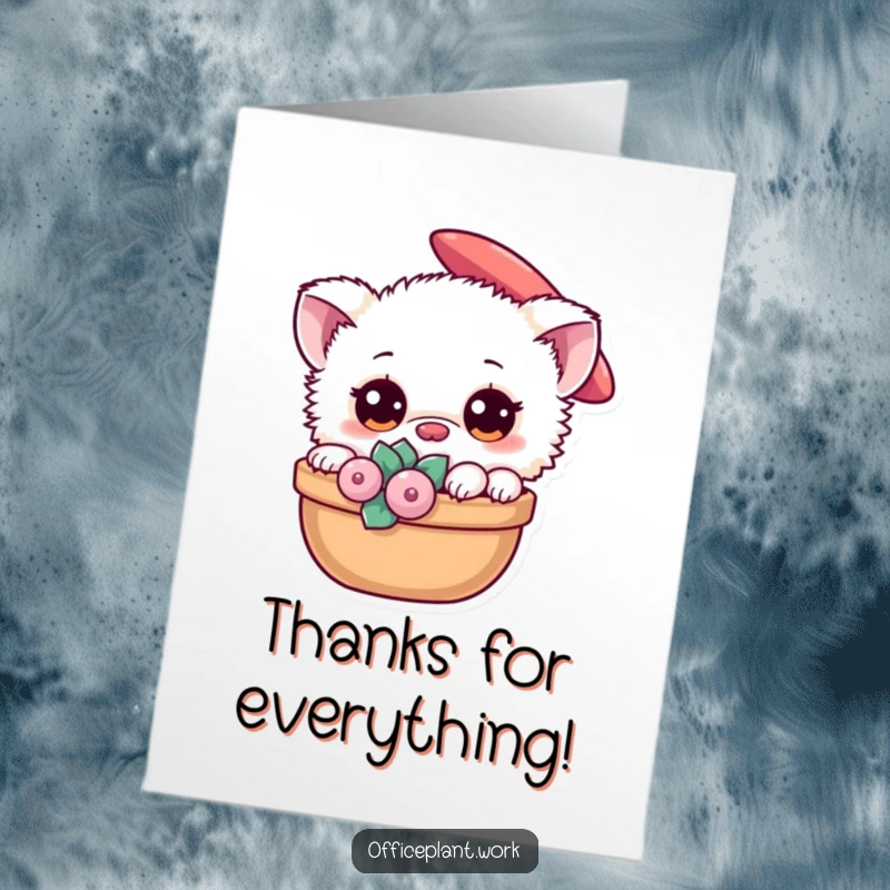Funny Free Printable Thank You Fuzzy Creature Card, a fuzzy creature with big eyes peeking from a plant, perfect for print-at-home thanks.