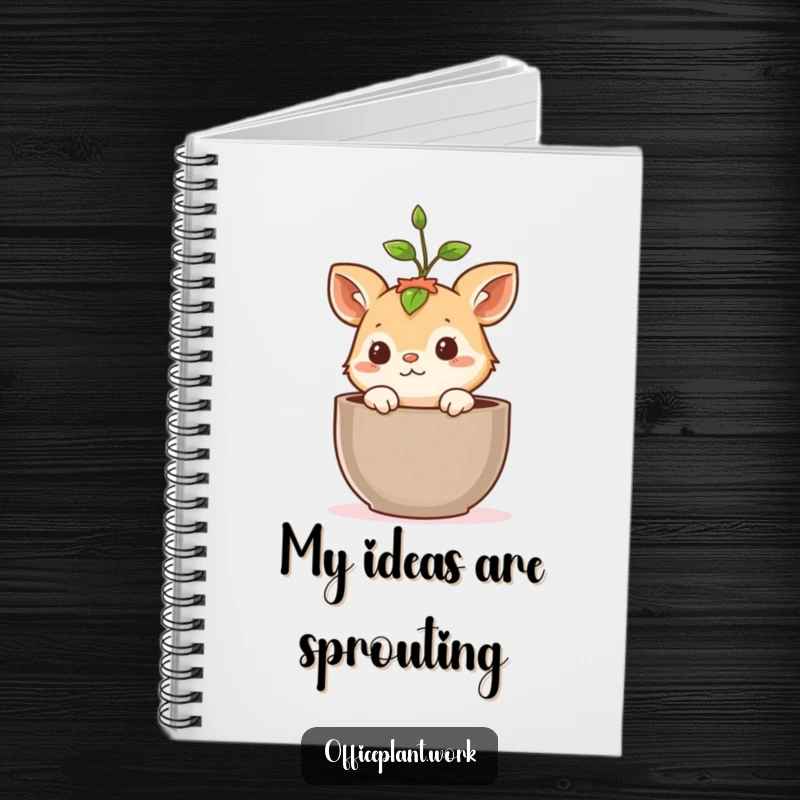 Funny notebook with a cute, curious animal peeking from a plant pot, a sprout growing above its head, perfect for jotting notes with humor.