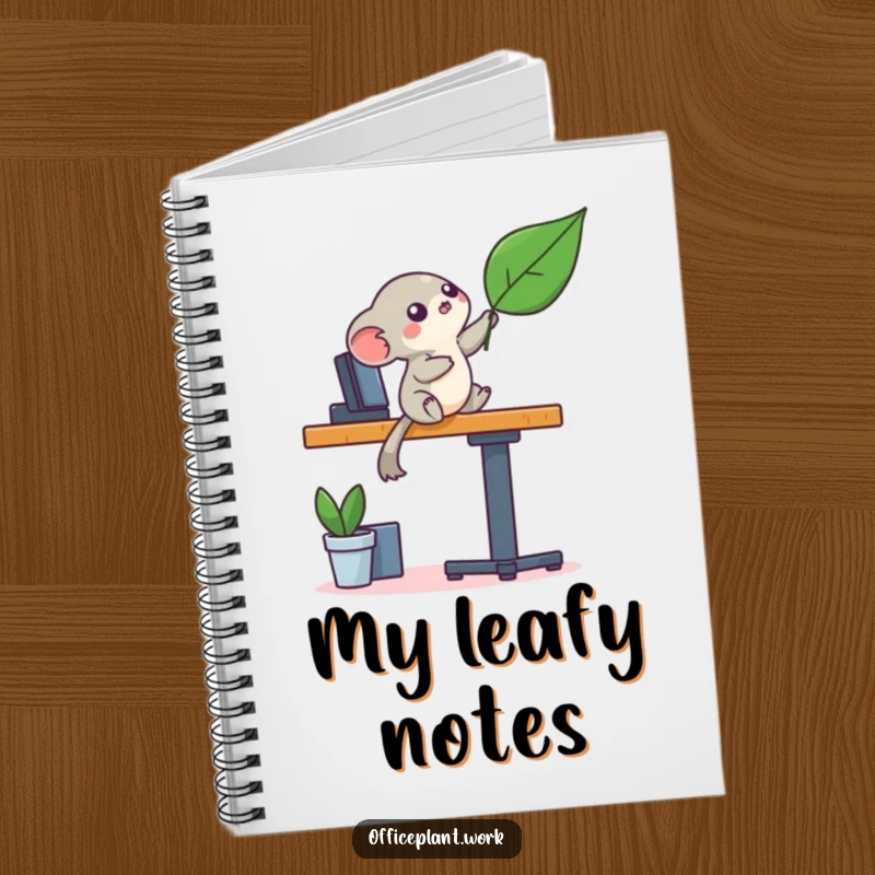 Funny playful creature notebook design, balancing on a desk leg reaching for a leaf, perfect for humorous note-taking.