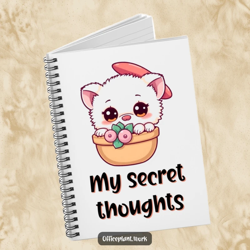 Funny fuzzy creature notebook with a design of it peeking from behind a succulent, perfect for humorous note-taking.