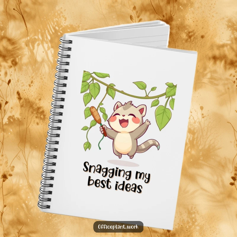 Funny notebook with a joyous creature playfully swatting at a dangling vine from a plant, perfect for jotting down ideas with a smile.