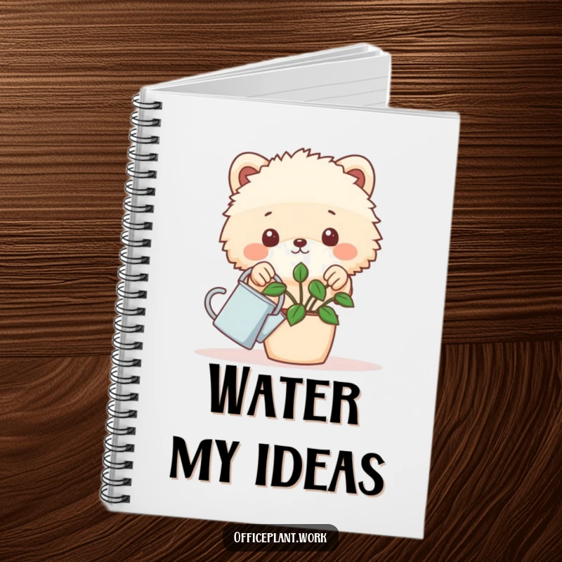 Funny fluffy animal notebook with a design of it peeking over a desk plant holding a tiny watering can, for humorous note-taking.