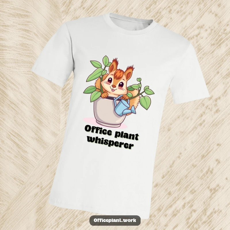 Funny t-shirt with a curious squirrel peeking from an office plant, watering can in paw, ideal for plant enthusiasts.