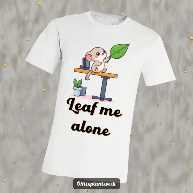 Funny playful creature balancing on a desk leg reaching for a leaf on a t-shirt, a humorous and fun gift idea.