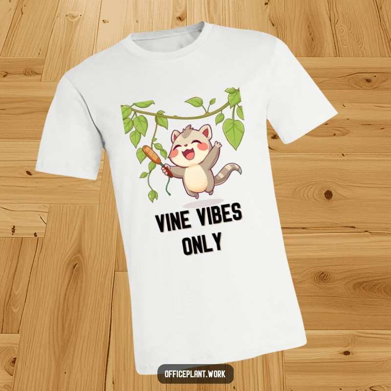 Funny t-shirt with a vibrant illustration of a joyous creature playfully swatting at a dangling plant vine, exuding pure, unadulterated fun.