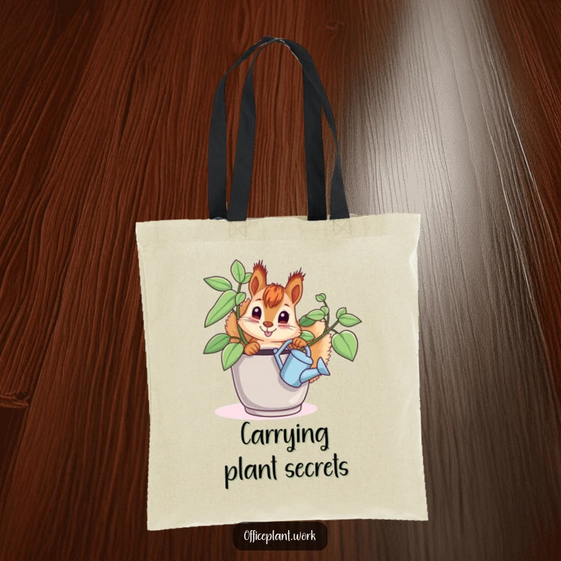 Funny squirrel tote bag, featuring a curious critter watering an office plant, designed for carrying essentials with humor.