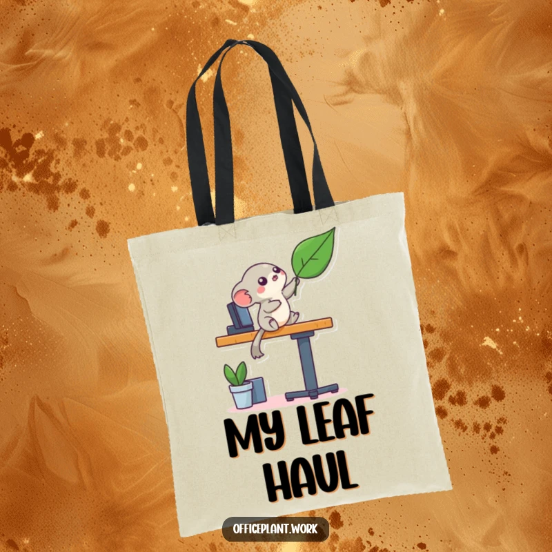 Funny playful creature balancing on a desk leg reaching for a leaf on a tote bag, a humorous and stylish gift.